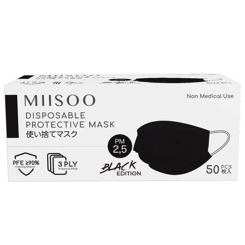 MIISOO Masker Hitam Black Edition 50pcs Masker Kesehatan 3ply Earloop IZIN RESMI BNPB