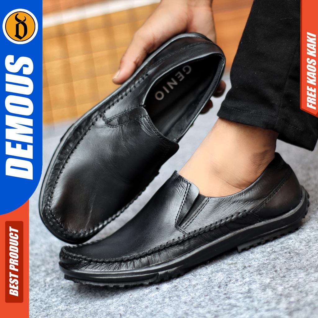 Sepatu Slip On Pria Sepatu Casual Pria Formal Kulit Asli Sepatu Pantofel Kerja Kantor Kuliah Kondangan Sepatu Slop Pria Sepatu Hitam Pria DEMOUS SLIDERZ