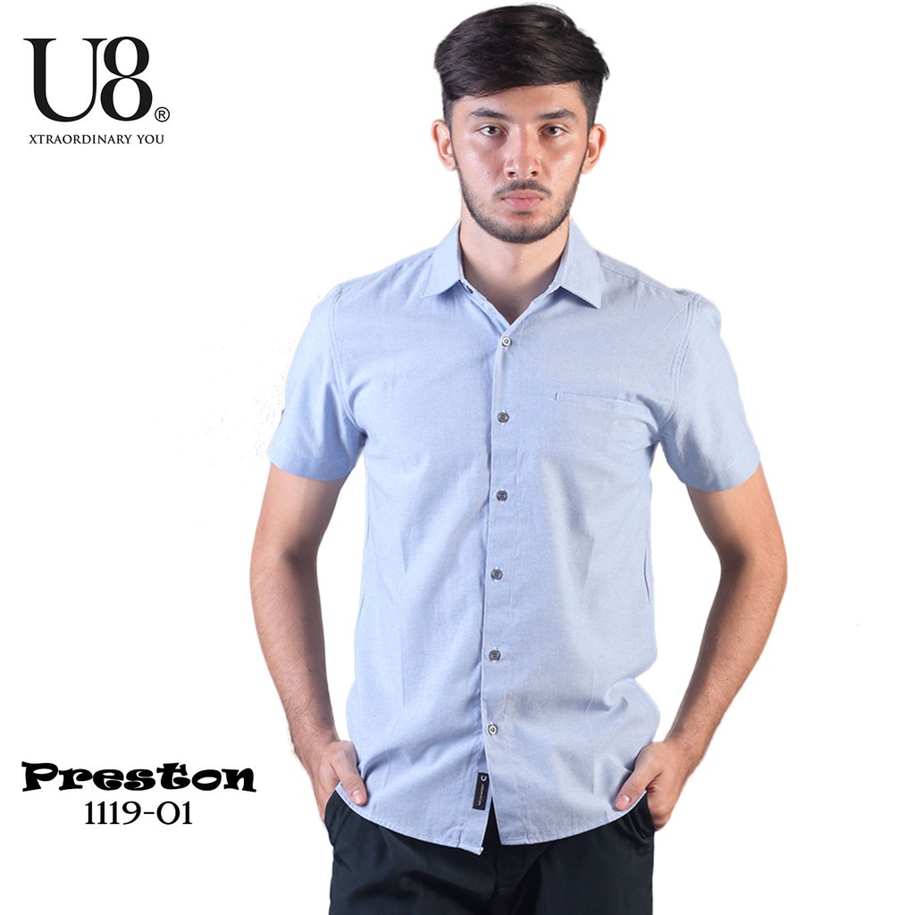 U8 KEMEJA LENGAN PENDEK BASIC POLOS BIRU MUDA BAJU PRIA KEMEJA CASUAL HEM COWOK KEMEJA CASUAL