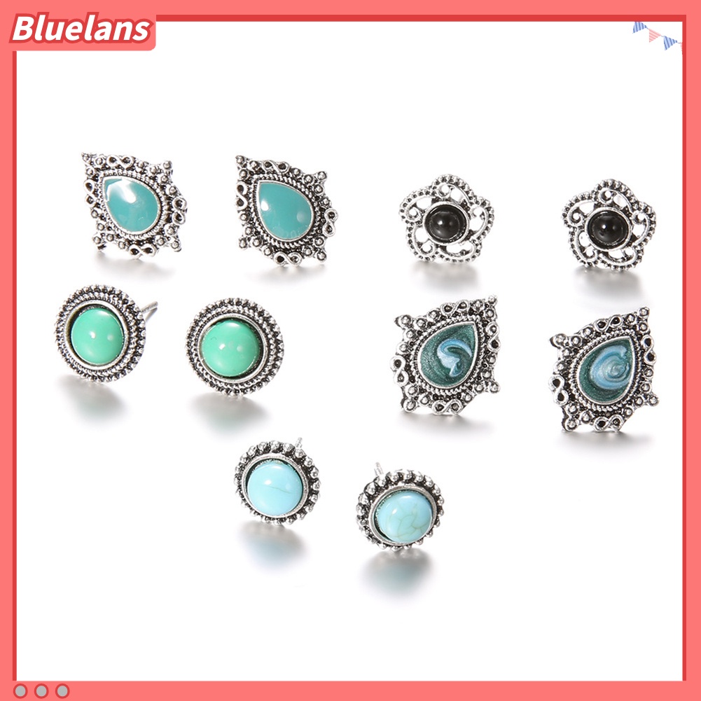 Bluelans 5 Pasang Anting Tusuk Gantung Desain Bunga Hias Turquoise Imitasi Gaya Bohemian Untuk Wanita