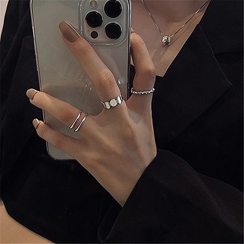 Papaozhu 3 Pcs Chic Perak Geometris Stackable Cincin Set Untuk Wanita Pria Unisex Sederhana Fashion Terbuka Cincin Jari Manset Perhiasan Set
