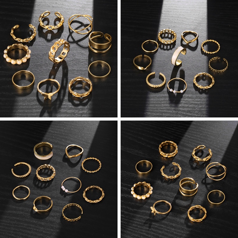 Fancyqube 10pcs / Set Cincin Rantai Emas Geometris Gaya Hip Hop Punk Untuk Wanita