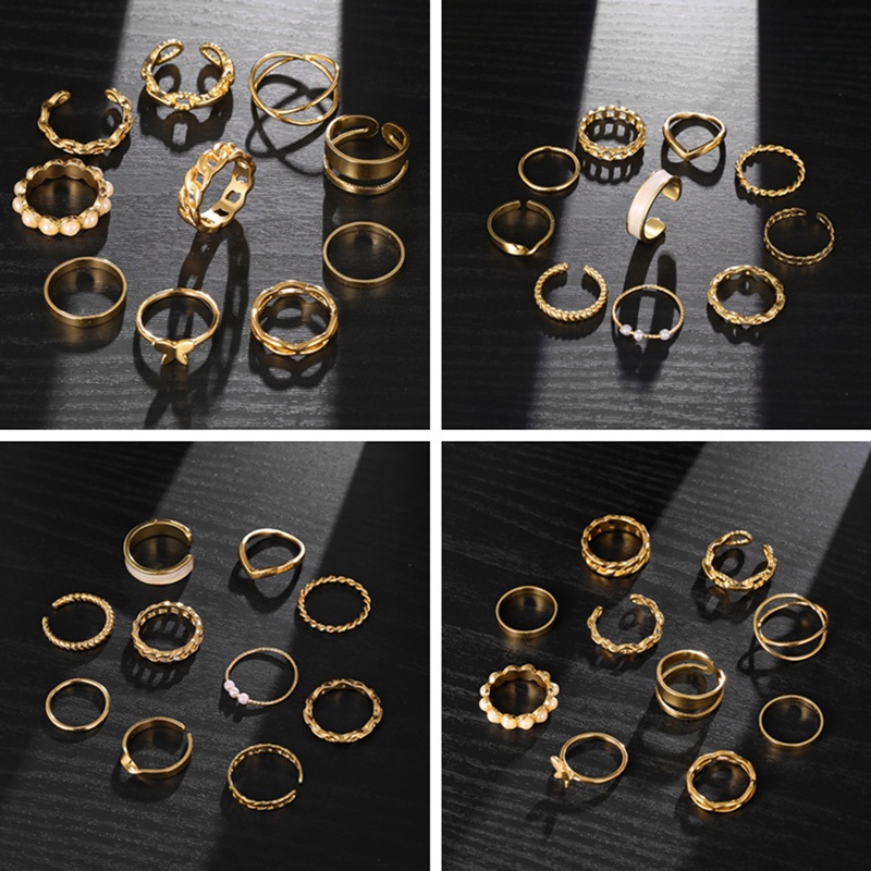 Fancyqube 10pcs / Set Cincin Rantai Emas Geometris Gaya Hip Hop Punk Untuk Wanita