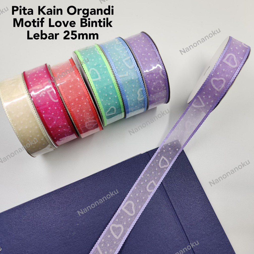 Pita Kain 1 inch 2,5 cm Organdi Motif Love Rigi Hiasan Hampers Souvenir Mahar