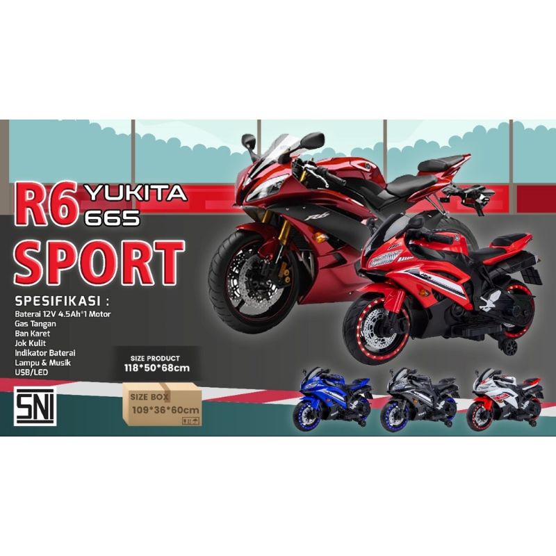 MOTOR AKI ANAK YUKITA R6 SPORT  GAS TANGAN BAN KARET JOK KULIT~MAINAN MOTOR AKI ANAK