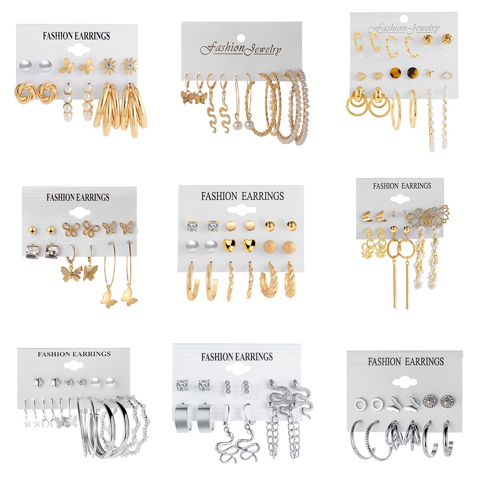 IFYOU Set Anting Stud Desain Kupu-Kupu Aksen Mutiara Warna Emas Silver Gaya Bohemian Untuk Wanita