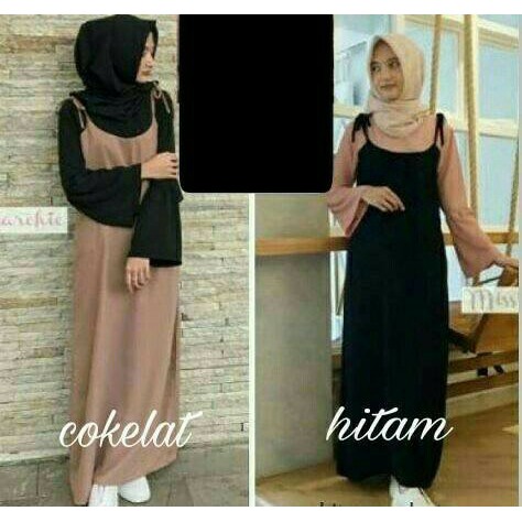 overall set overal rok panjang plus inner overall set zahra coklat dan hitam