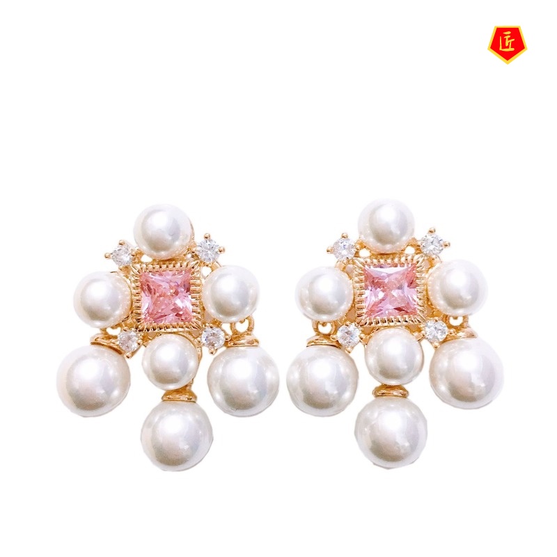 [Ready Stock]Luxury Pink Diamond Cute Fairy Pearl Ear Studs