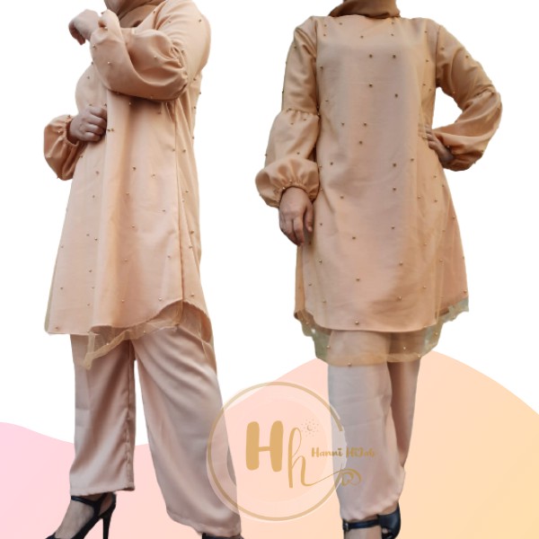 Setelan Tunik dan Celana Wanita Moscrepe Kombinasi Tile Mutiara satu set