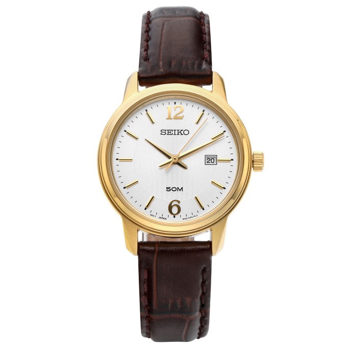Seiko Sur658P1 Ladies White Dial Brown Leather Strap