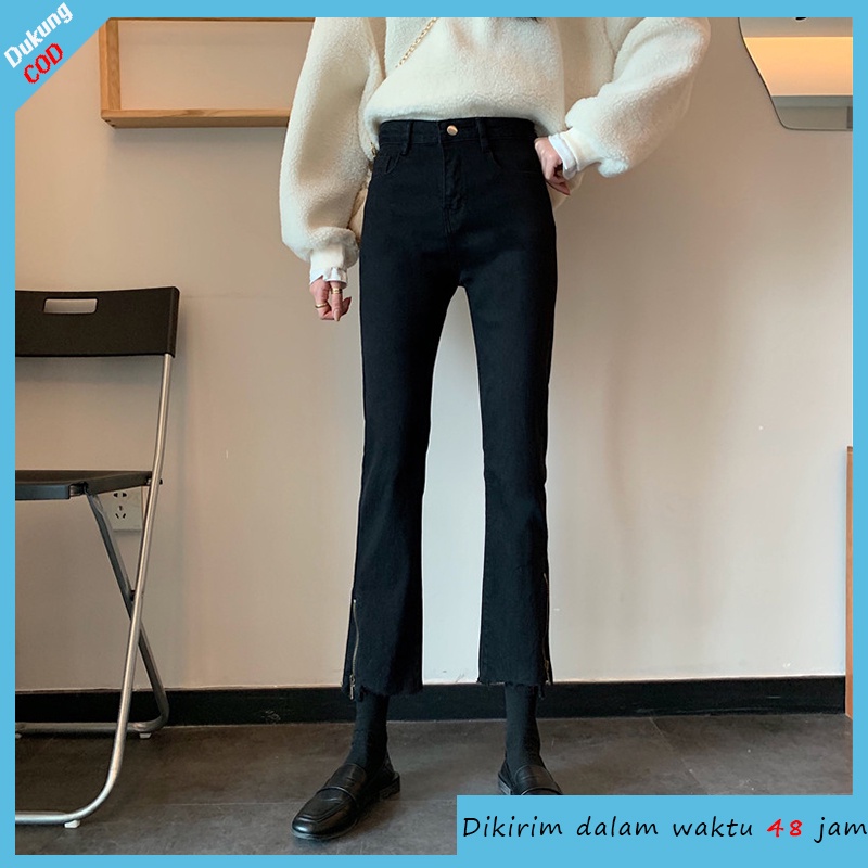 Jeans kaki lurus bertingkat tinggi hitam/biru M/L celana jeans panjang wanita jeans import