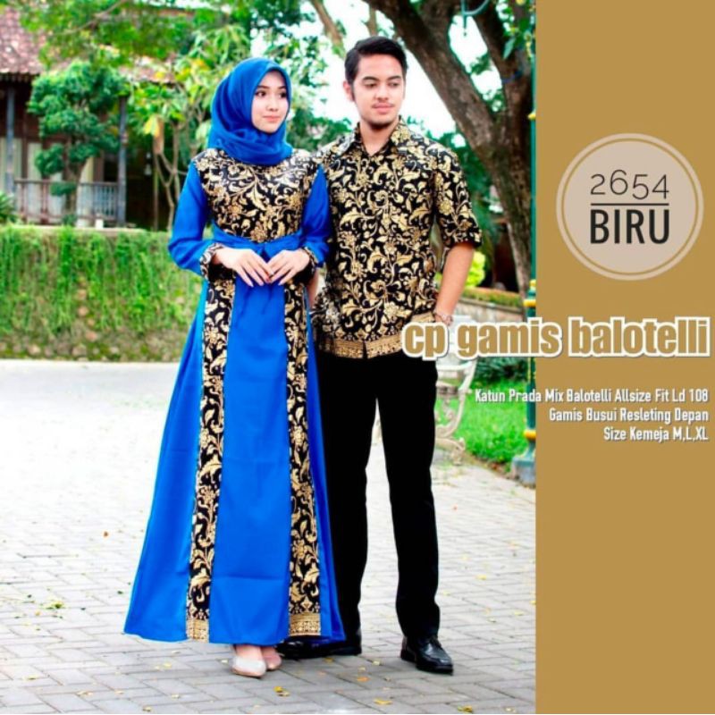 2654 Couple Gamis Batik Baloteli Motif Bakung Warna Biru Kombinasi Emas Gold Shopee Indonesia