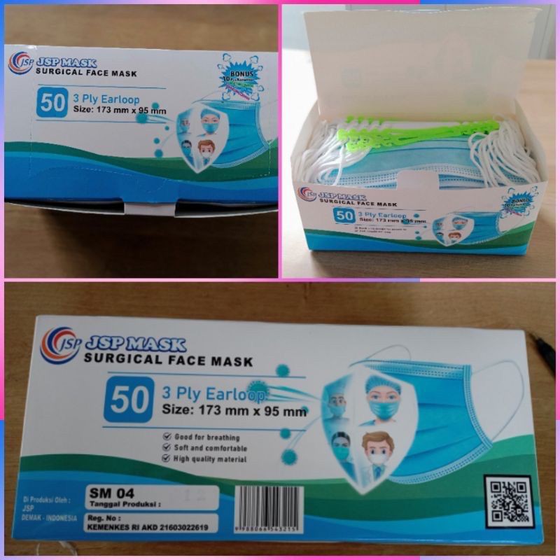 MASKER 3PLY JSP SM 04 EARLOOP (free konector) MEDIS KEMENKES SURGICAL MEDICAL ORIGINAL BOX 50