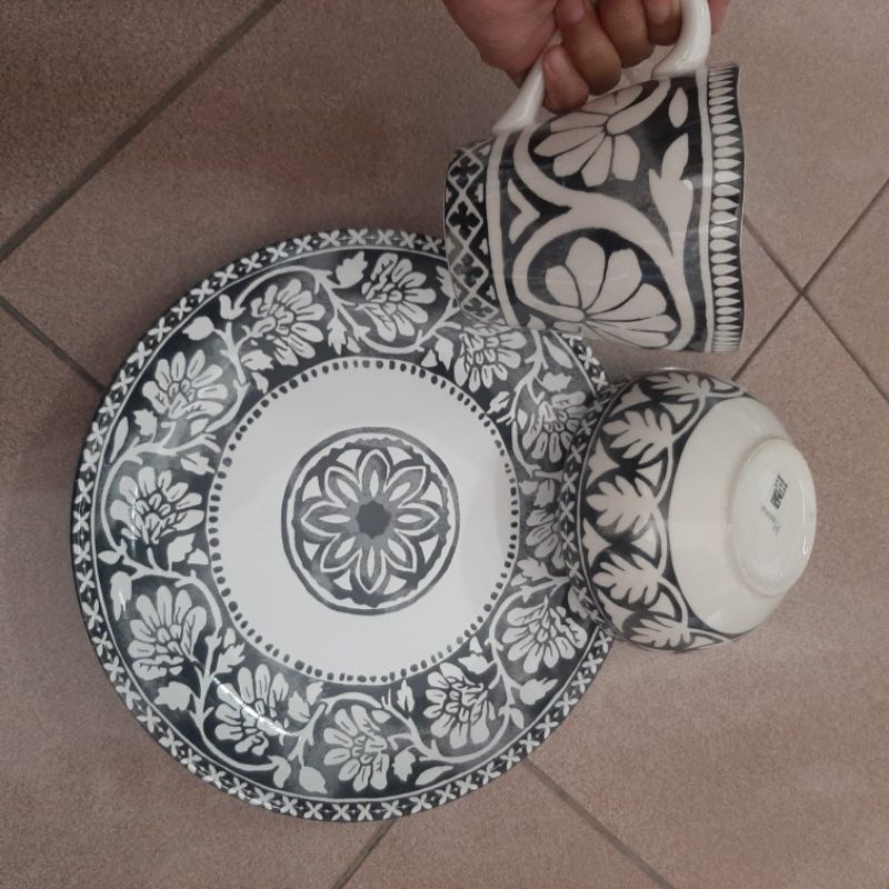 [SET ISI 3] MAROKO DINNER PLATE BOWL MUG GELAS MANGKUK PIRING KERAMIK SANGO MOTIF MAROCO KOLEKSI