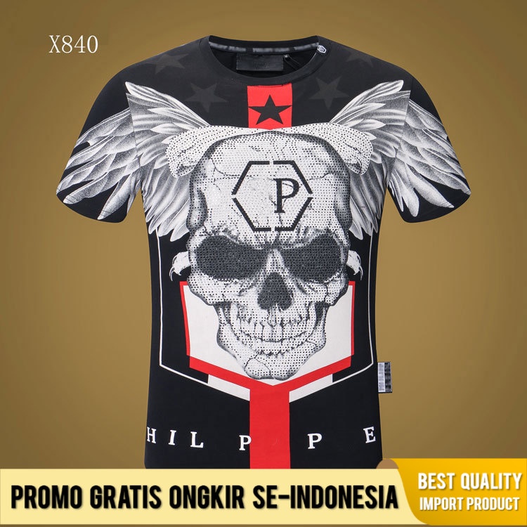 Philipp Plein Pria  Lengan Pendek Kualitas  Berlian Imitasi Leher Bulat T-shirt Kaos Pria Import Pre