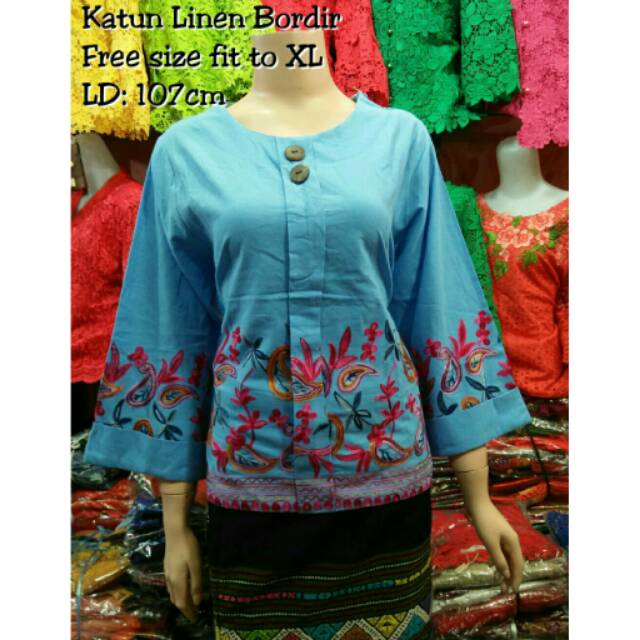 Blus katun linen bordir lengan 3/4 cantik bgt