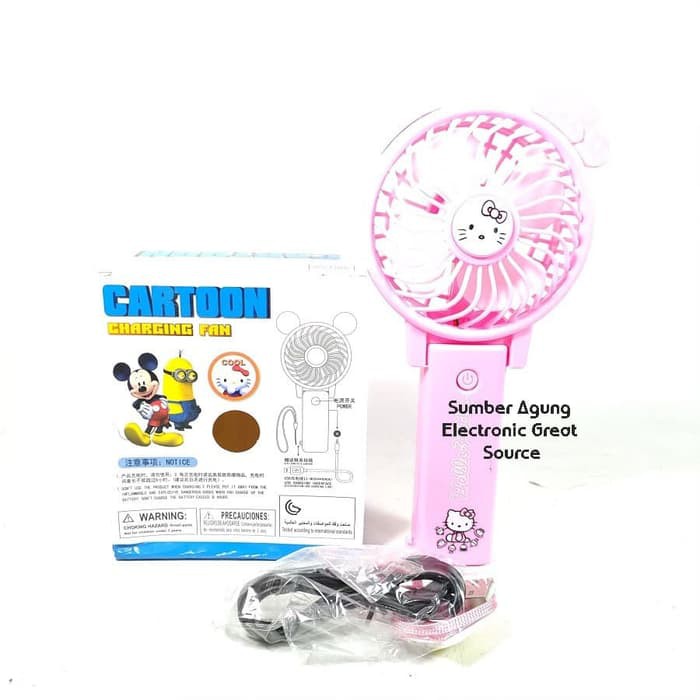 KF06 Tesla Cartoon Charging Fan Hello Kitty Kipas Mini Pegangan Portab