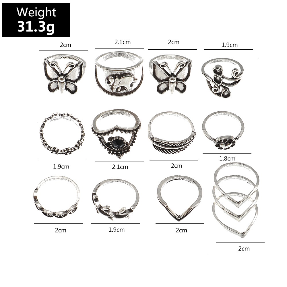 14Pcs / Set Cincin Kombinasi Desain Ukiran Kupu-Kupu Gajah Hati Hollow Gaya Vintage