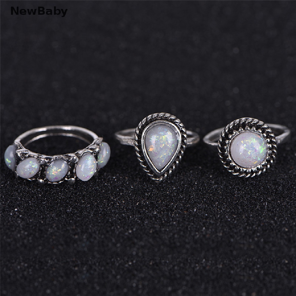 NewBaby 8PCS/Set Ring Silver White Fire Opal Ring Wedding Engagement Ring Women Jewelry ID