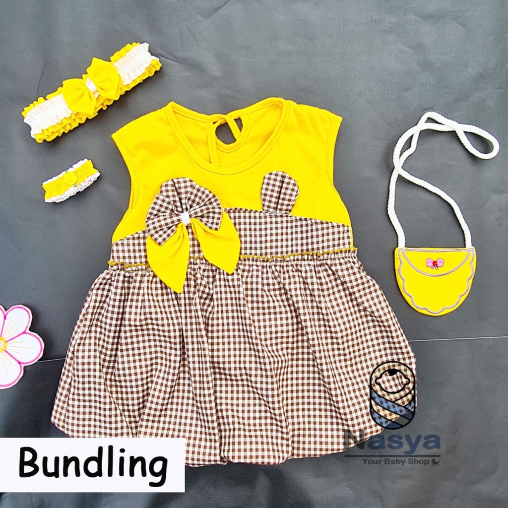 [P-044B] Dress Bayi Anak Lucu Usia 0-6 Bulan Full Set Bandana, Gelang dan Tas