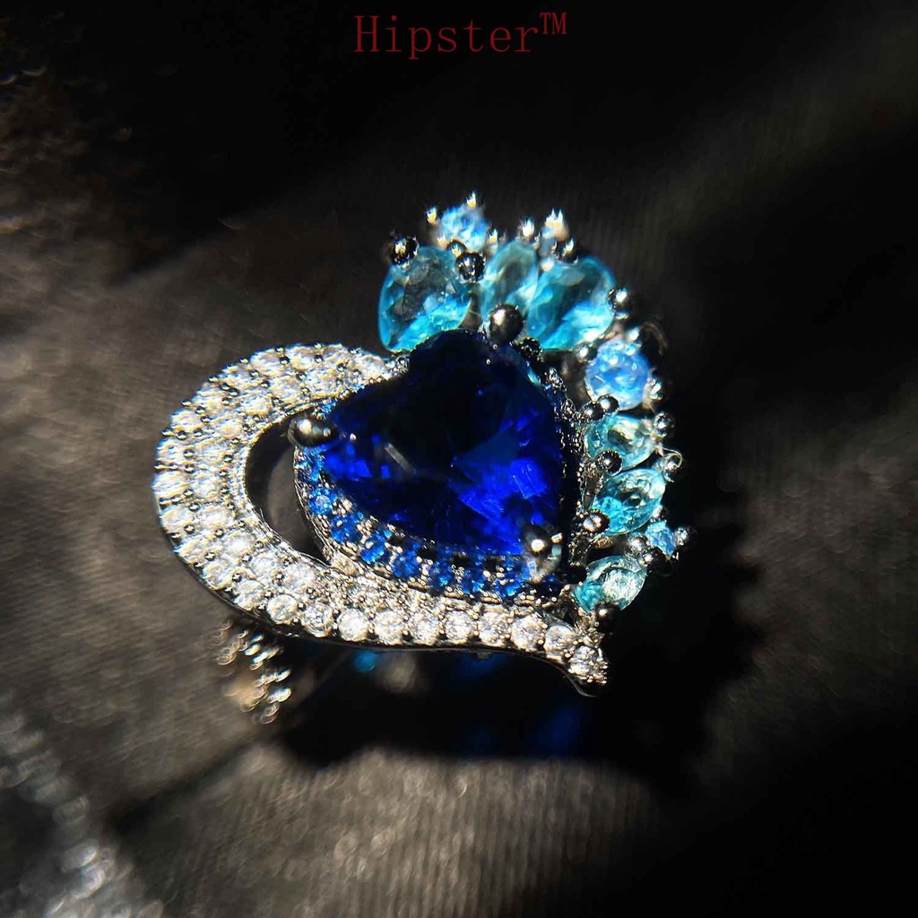 High-End Temperament Natural Dark Blue Gemstone Love Heart-Shaped Full Diamond Ring