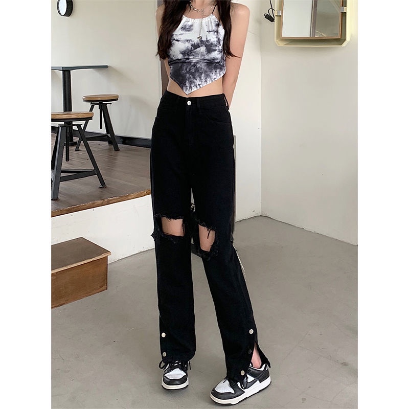 Red wanita jeans high-waist robek micro-flare wanita 2022 model baru Hong Kong celana wide-leg desain ceruk