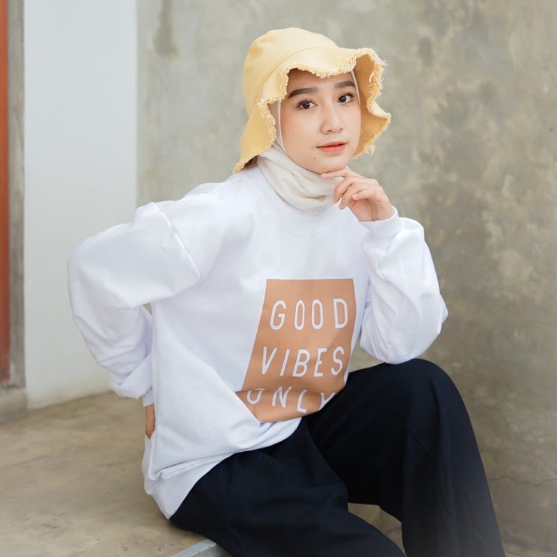 SWEATER WANITA GOOD VIBES ONLY /// ATASAN ALA KOREA FLEECE TEBAL HALUS TERBARU''