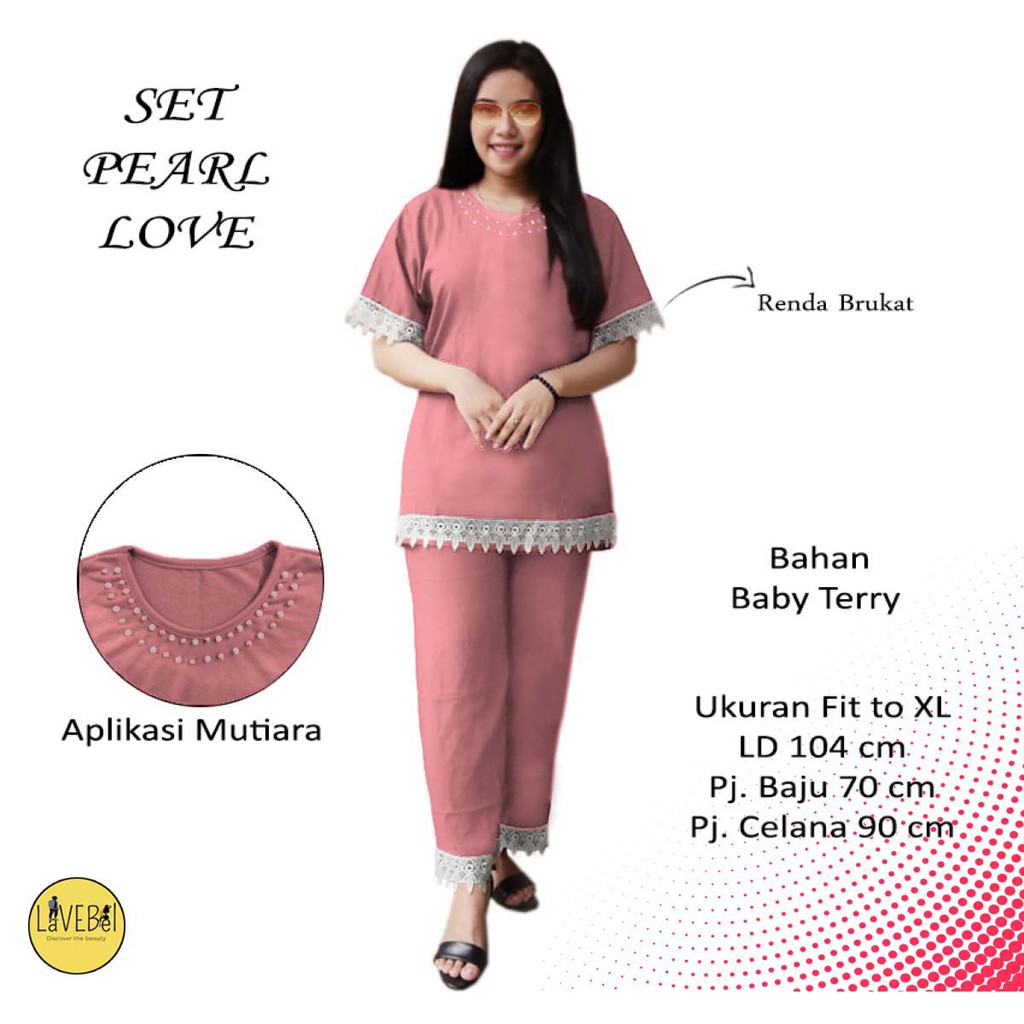 LVB Set Wanita PEARL LOVE /TERBARU TERLARIS TERMURAH/Piyama/Set Renda Brukat Aplikasi Mutiara/20461