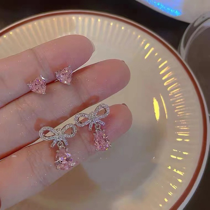 Set Anting Berlian Imitasi Warna Pink Gaya Korea