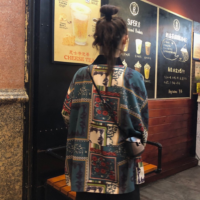 Retro pencetakan Kain sutera tipis Lengan sembilan perempat longgar Kemeja wanita-7