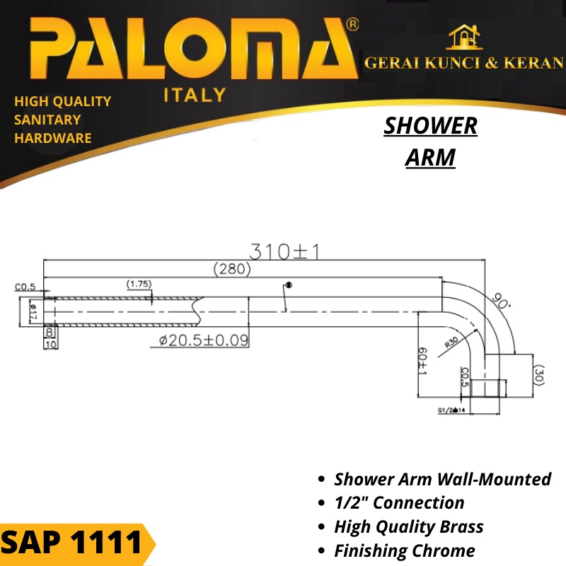 PALOMA SAP 1111 SHOWER ARM SAMBUNGAN KEPALA RAIN SHOWER BRASS CHROME