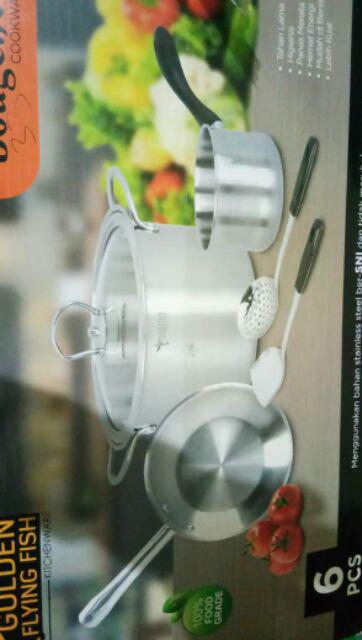 Panci Set 6 Pcs Bougenville Golden Flying Fish Cookware Set Stainless Steel Tebal