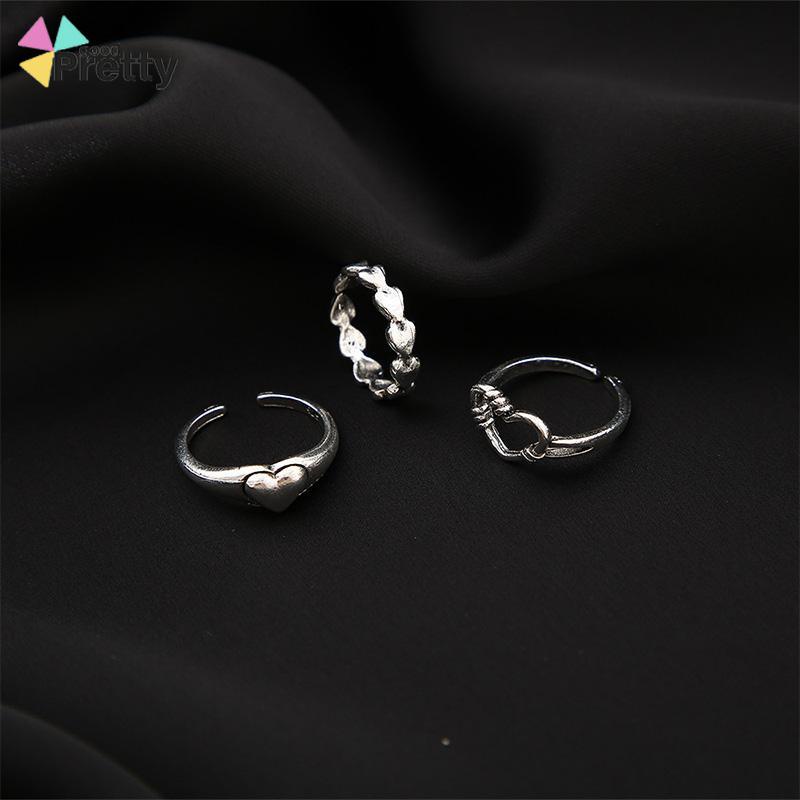 3pcs Cincin set korea Model Terbuka Desain Gelombang Hati Warna Silver Gaya Vintage Untuk Wanita - PD