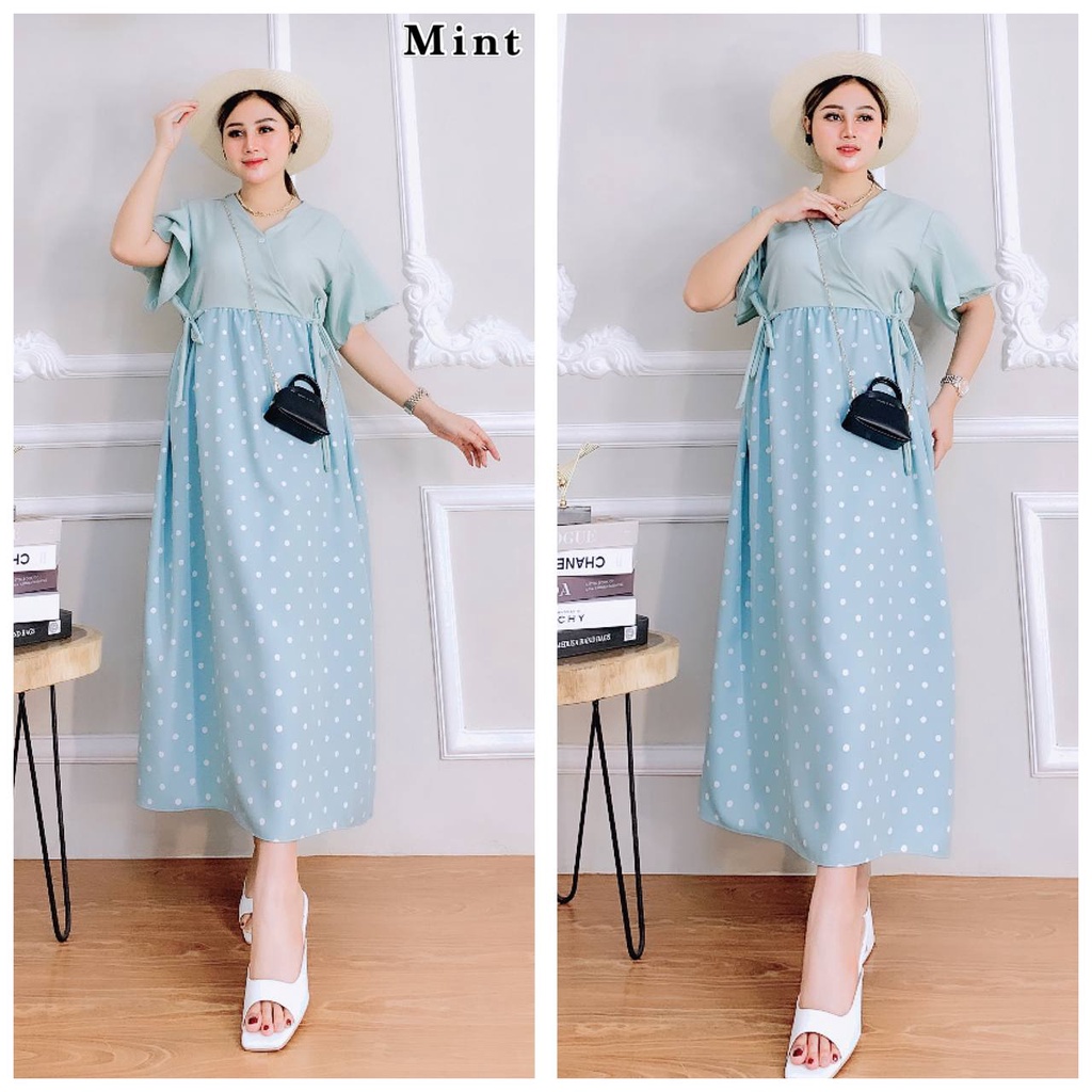 Dress Wanita Kareen Polkadot Shakila Premium Baju Wanita Lengan Pendek Fashion Kekinian LD 110 cm