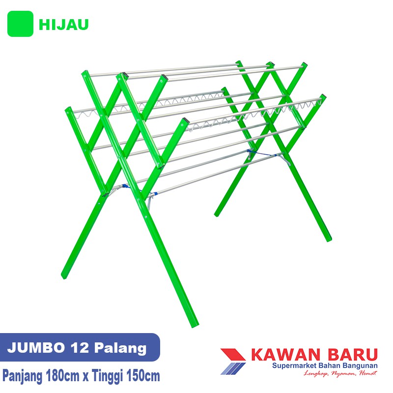 PROMO MENARIK Jemuran Baju Handuk Besar Alumunium 12 Palang T:150cm P:180cm - JUMBO 12P HIJAU