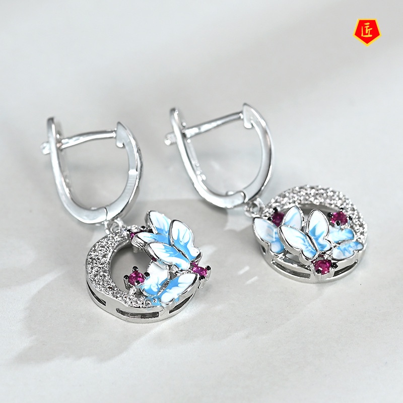 [Ready Stock]New Three Blue Butterfly Earrings Full of Diamonds Exquisite Luxury