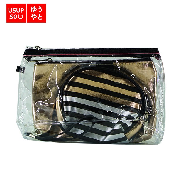 3 Pcs USS Cosmetic Bag Stripe Black / Tas Alat Makeup / Tas Kosmetik