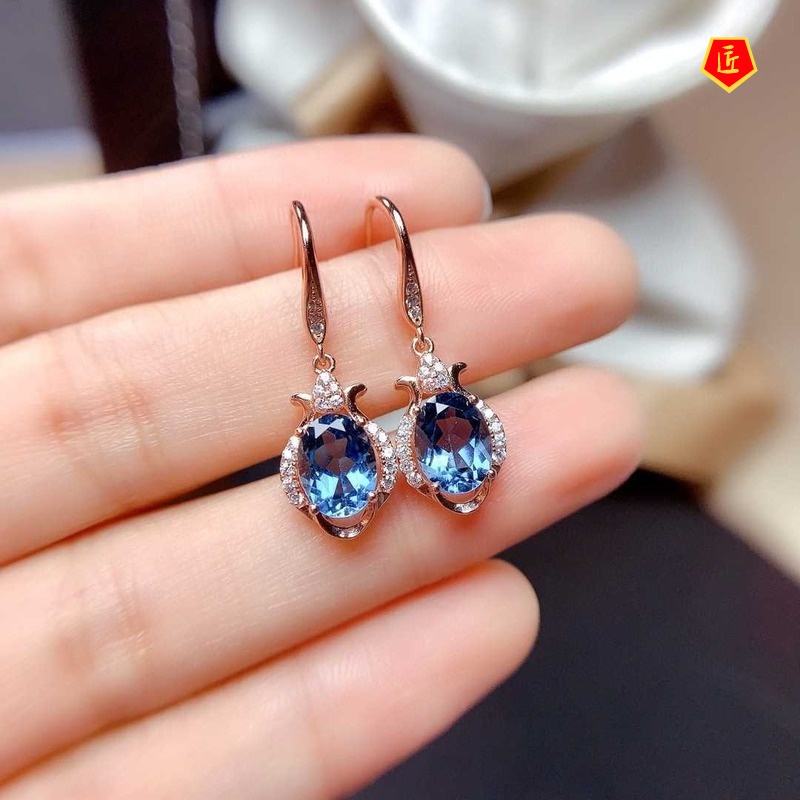 [Ready Stock]Natural Blue Topaz Earrings Female Pt950