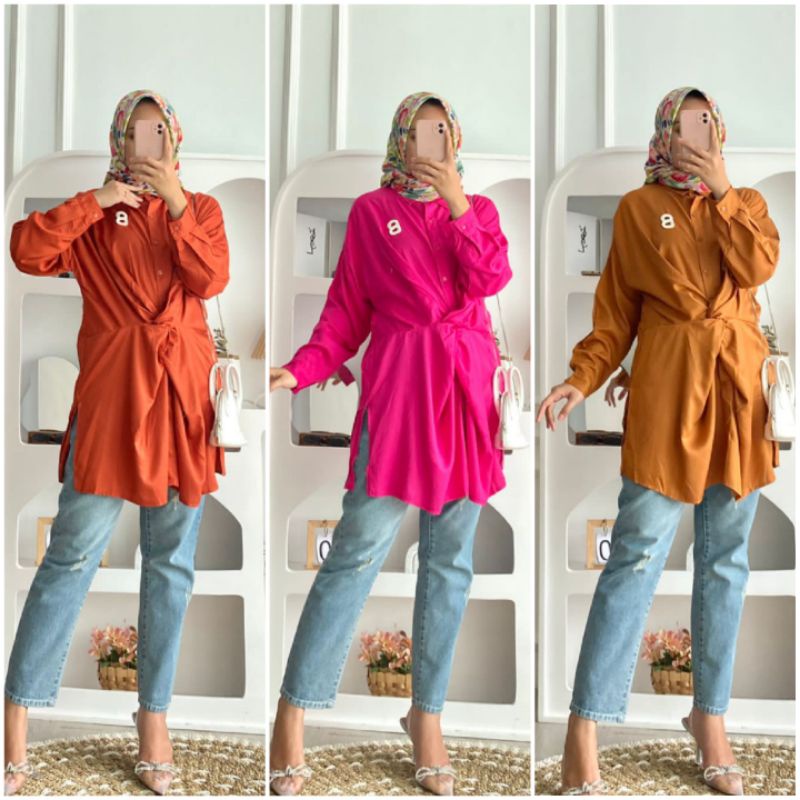 BISA COD AMIRA TUNIK ATASAN TWILL POLOS AKSEN PITA TALI SAMPUL DEPAN BLOUSE LONG TUNIC FORMAL CASUAL