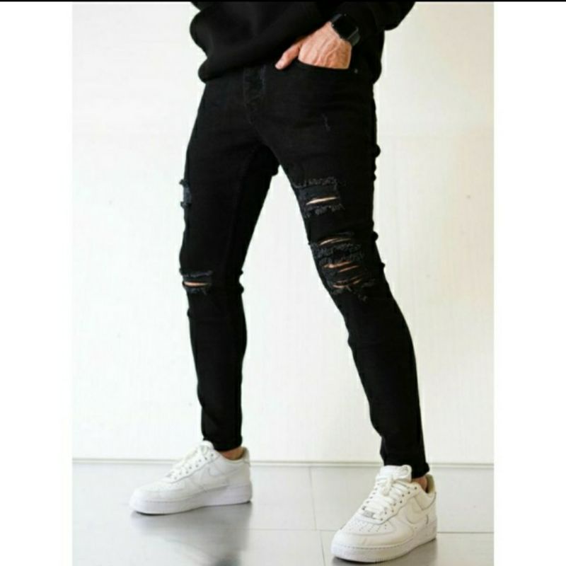 CELANA SOBEK PRIA RIPPED JEANS ROBEK HITAM 27-38