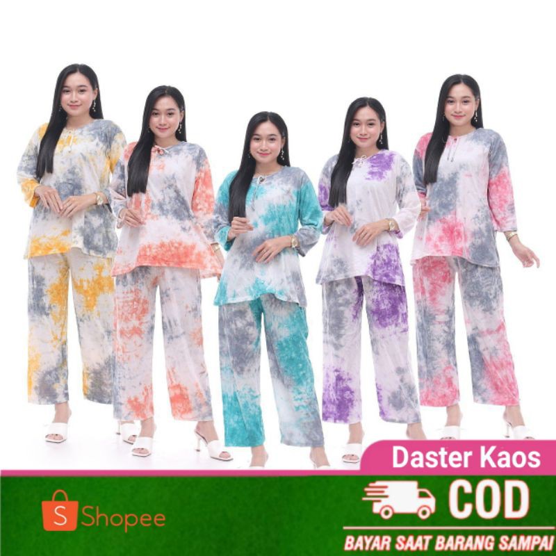 daster kaos setelan celana panjang model jumputan tie dye
