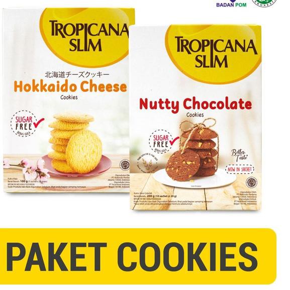 

[KODE 84] Paket-Tropicana Slim Nutty Cookies Chocolate 200gr & Slim Hokkaido Cheese Cookies (5 sch)