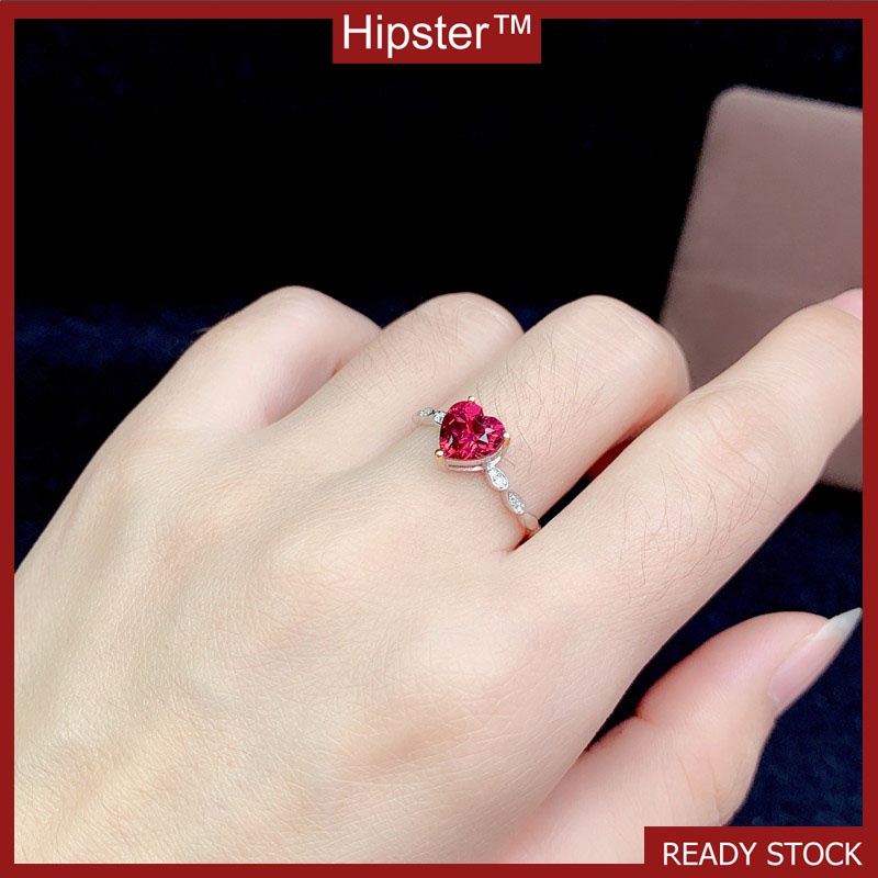 New Simple Rose Red Heart-Shaped Simple Micro Inlaid with Diamond Ring