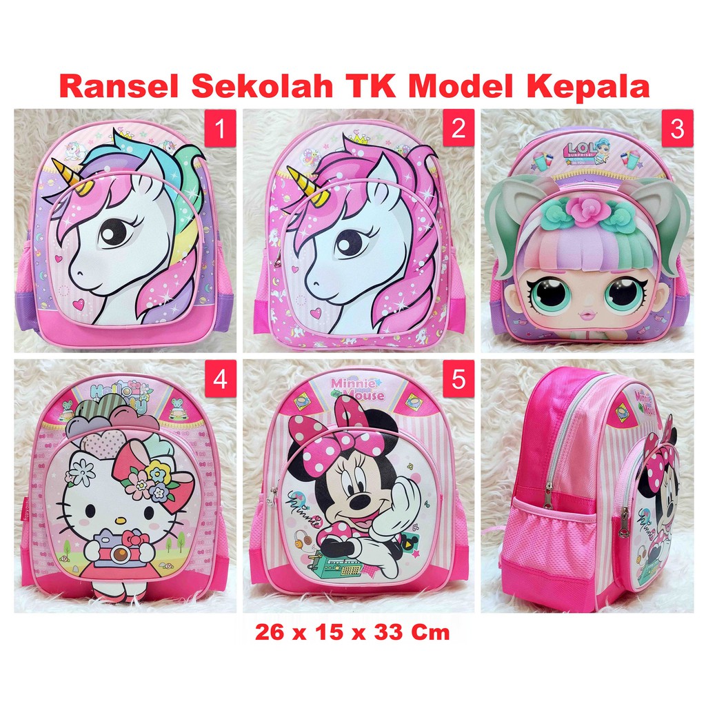 Ransel sekolah TK Unicorn Kepala Tas Anak Backpack school Premium toko-asemka