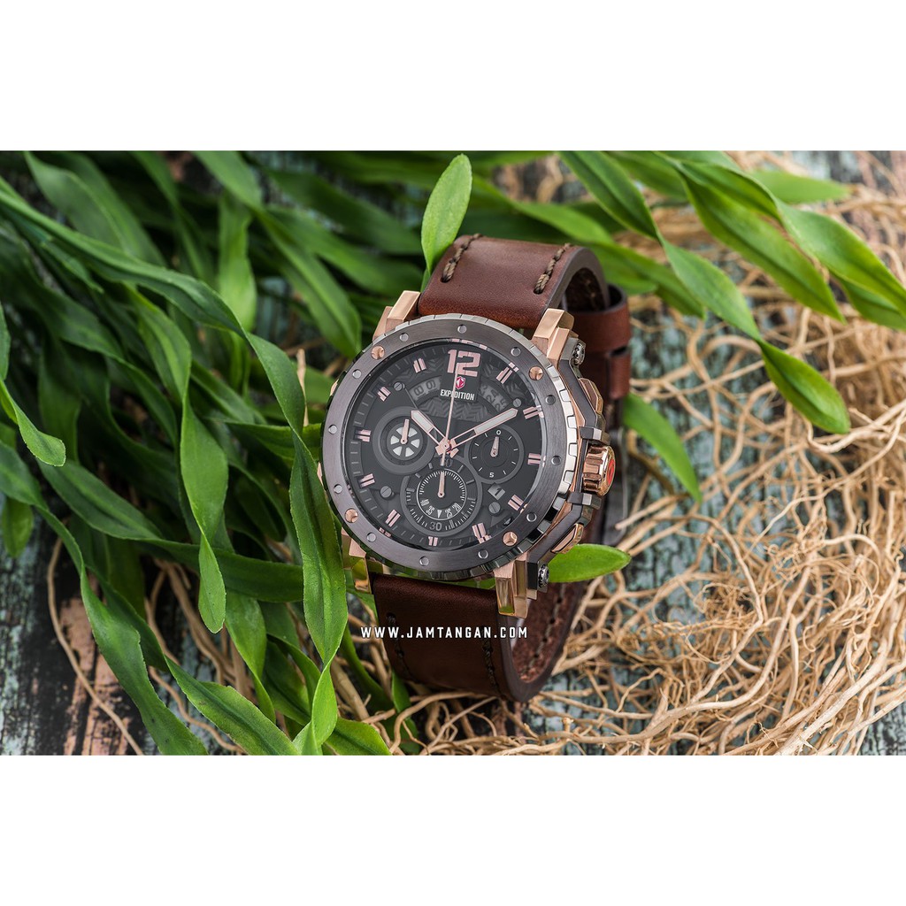 Expedition E 6402 MC LGRBA Chronograph Men Black Dial Brown Leather Strap
