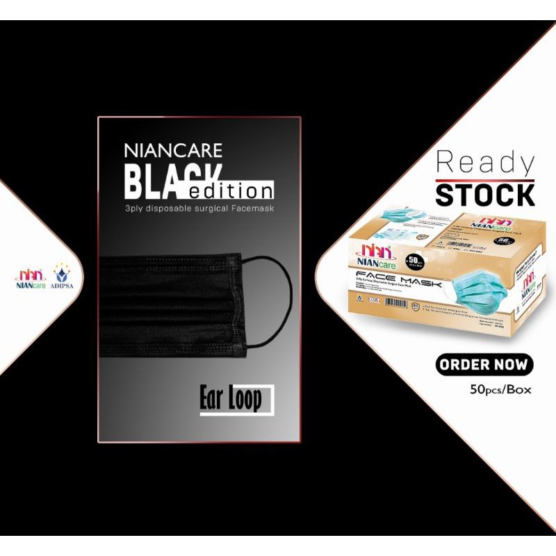 Masker Medis Nian Care Black(Hitam)/Masker Dewasa Nian 3 Ply Earloop