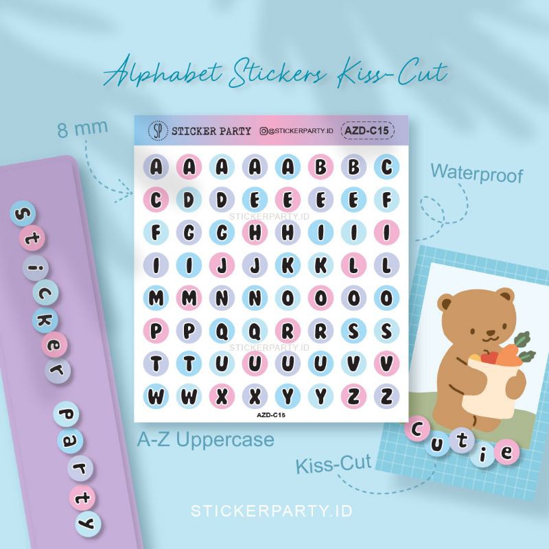 

[Sticker Party] Stiker Huruf Alfabet Abjad Bulat 0,8CM Warna Bubblegum Waterproof Polco Casing HP AZDC15 AZDC16