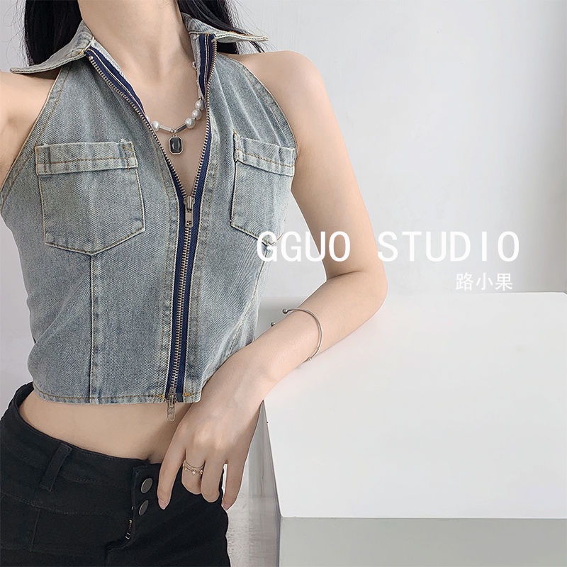 Red Eropa dan Amerika hot girls zipper halter denim kamisol pakaian luar wanita seksi kerah terbuka kembali pendek rompi kecil top