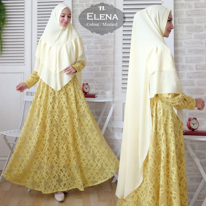 (Promo) Set Syari Putih Polos MAXMARA [Syari Brukat Elena Mustard TL] gamis muslim wanita brukat kun