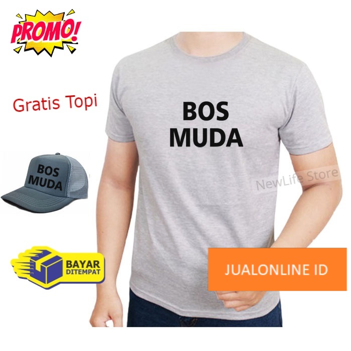 Beli Baju Gratis Topi - Kaos Distro Bos Muda Hitam Premium Pria Wanita Lengan Pendek